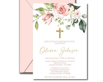 Blush Floral Baptism Invitation,  Girl Baptism Invitation Template, Blush Pink Cross Baptism Invite, INSTANT ACCESS, Printable, Editable