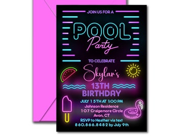 Birthday Pool Party Invitation, Neon Pool Birthday Invitation, Swimming Party Invitation, Summer Party Invite, Corjl Digital Template