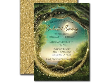 May include: An invitation to an Enchanted Evening party for a 14th birthday. The invitation features a whimsical forest scene with a moon, stars, and a glowing circle. The text on the invitation reads: "Please join us for an Enchanted Evening to celebrate Kyndall's 14th Birthday. Saturday, October 4th, 7-10 PM, Parkway Resort, 2300 N Causeway, Metairie, LA 70001. RSVP Eddie by September 27th, 504.555.1212."