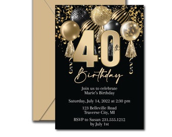 Editable 40th Birthday Invitation, Gold Balloons (Digital Template)