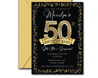 May include: A black and gold birthday party invitation with gold glitter confetti. The invitation reads "You are invited to Marilyn's 50th Birthday Bash Ohh... It's a Surprise!" with the date and time of the party, the address, and RSVP information.