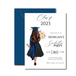 May include: Graduation party invitation with a navy blue envelope. The invitation features an illustration of a graduate in a cap and gown, holding flowers. Text includes "Class of 2023" and party details.