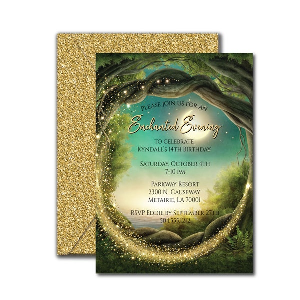 Enchanted Party Invitations, Gold Glitter Invitations, Magical Birthday, Enchanted Evening Invites, Enchanted Forest Invitation, Download