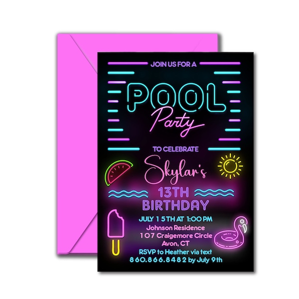 Birthday Pool Party Invitation, Neon Pool Birthday Invitation, Swimming Party Invitation, Summer Party Invite, Corjl Digital Template