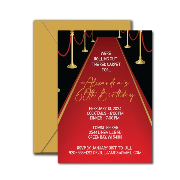 Red Carpet Invitation Printable, Adult Red Carpet Birthday Invitation Template, VIP Hollywood Party Invite Printed, Edit in Corjl