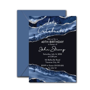 Navy Silver Birthday Invitation, Blue and Silver Agate Birthday Invite, Navy Silver Birthday Invitation, Men&#39;s Birthday Invitation, Women