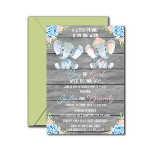 Invitación de revelación de género de elefante imprimible, ducha de acuarela floral, rosa o azul, niño o niña