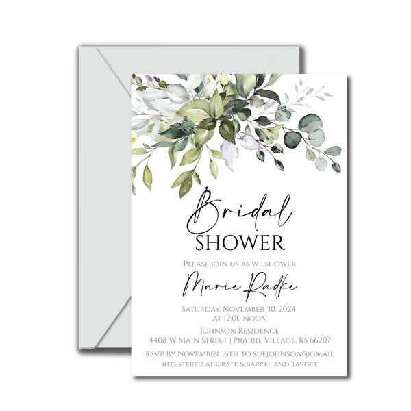 Greenery Bridal Shower Invitation, Instant Download