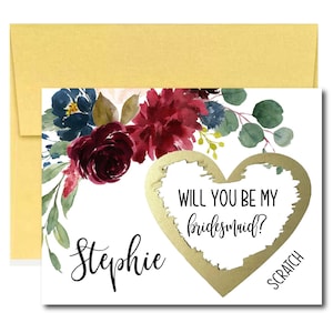 Marsala Will You Be My Bridesmaid Scratch Off Karte, Brautjungfer Vorschlag Karte, Burgundy and Navy Braut Party Fragen