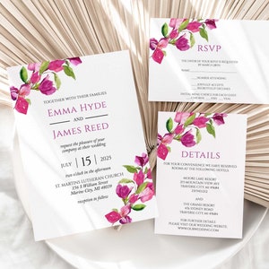 Bougainvillea Wedding Invitation, Bright Wedding,  Digital Template