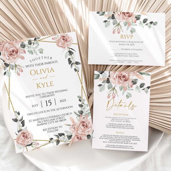 Dusty Rose Wedding Invitation, Blush Pink Wedding Invitations, Digital Invitation, Floral Rose Invite Template