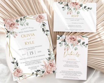Dusty Rose Floral Wedding Invitation Template (Digital Invitation)