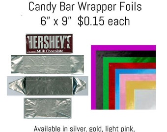 Candy Wrapper Foils, 6"x 9", Minimum order 10 pieces, white backing, wraps a 1.55 oz chocolate bar personalized candy wrapper