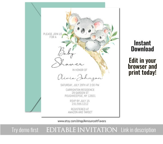 Koala Baby Shower Invitations Printable Koala Invites Template By Announce It Catch My Party Koala Baby Shower Invitations Printable Koala Invites Template By Announce It Catch My Party