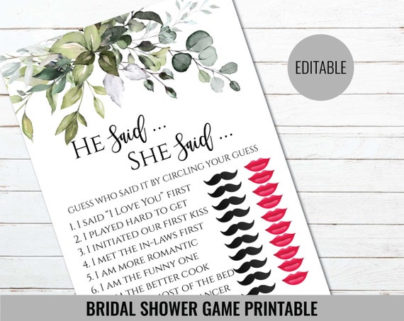 8 He Said She Said Bridal Shower Game Template