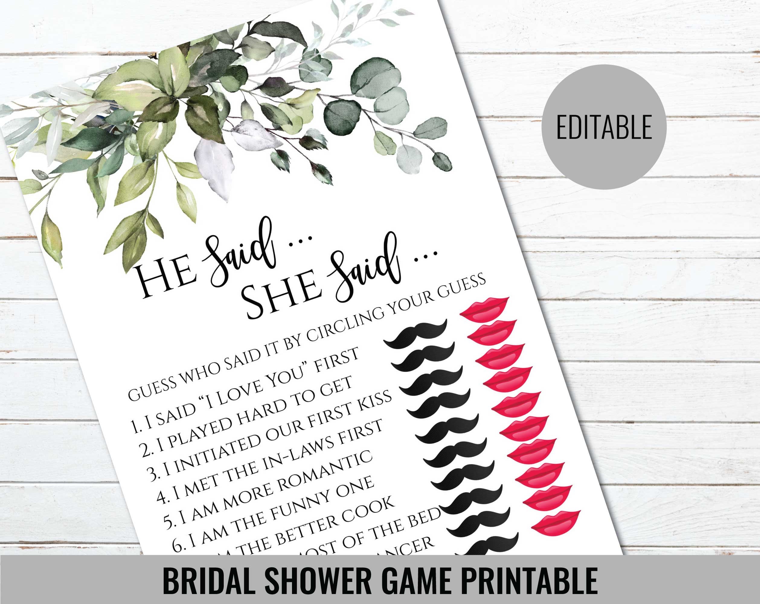 He Said She Said Bridal Shower Game Greenery Bridal Shower - Etsy UK