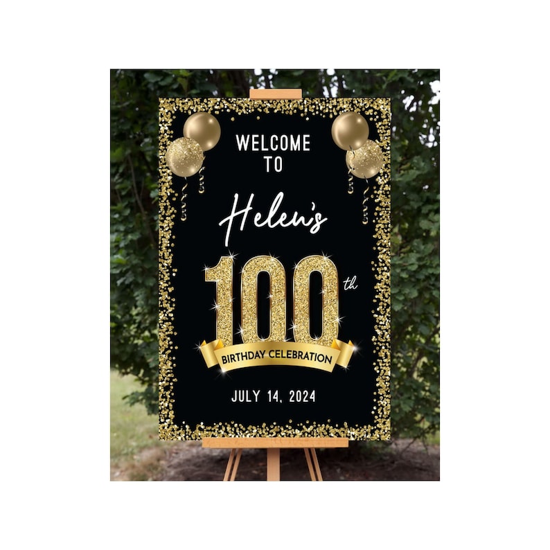 100th Birthday Welcome Sign, Black and Gold Confetti (digital Download ...