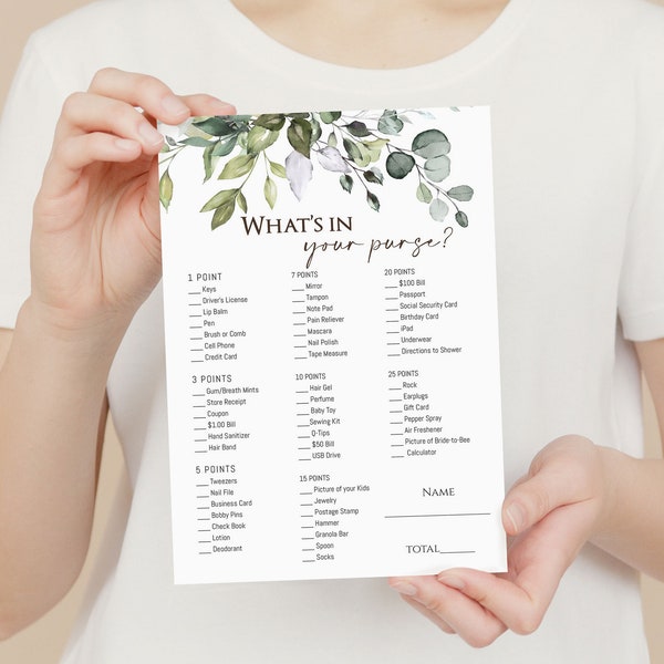 Whats In Your Purse, Bridal Shower Games, Whats in Your Purse Game, Greenery Bridal Purse Game, Printable Whats In Your Bag, Editable