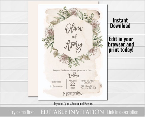 Shabby Chic Wedding Invitation Template, Greenery Wedding Invitation Printable, Instant Download, Editable Template, Corjl Il_570xn