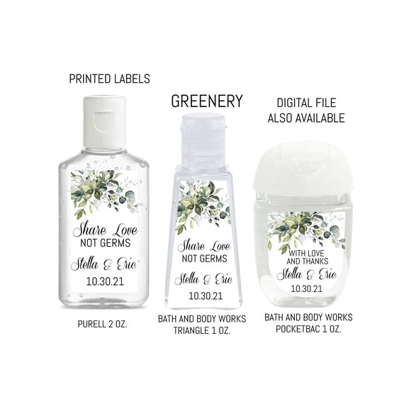 30 Hand Sanitizer Labels, Share Love Not Germs Sanitizer Labels, Greenery Wedding Sanitizer Favor, Custom COVID Wedding Favor, Pocketbac Il_570xn