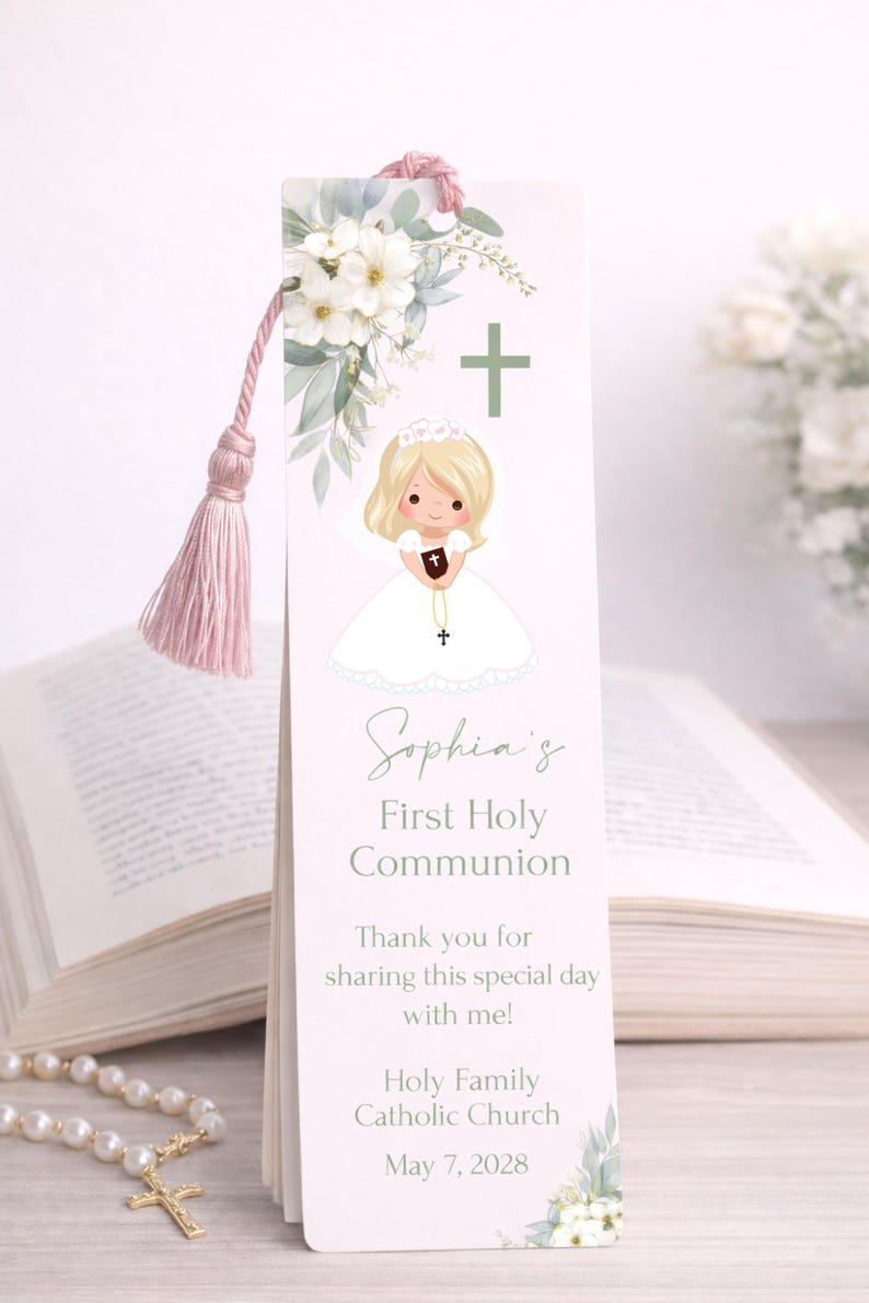 First Communion Bookmark, Blonde Girl