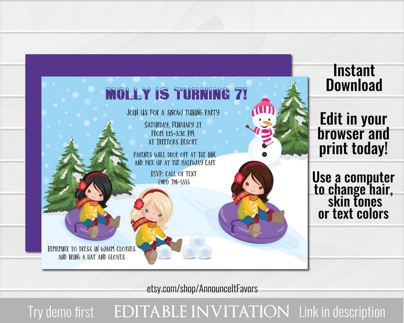 Snow Tubing Invitation Girls Tubing Birthday Party Etsy