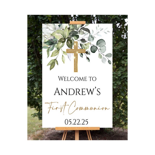 Greenery Communion Welcome Sign, Greenery Eucalyptus Printable Communion Sign, Personalized Communion Decoration Poster, Gold Glitter Cross