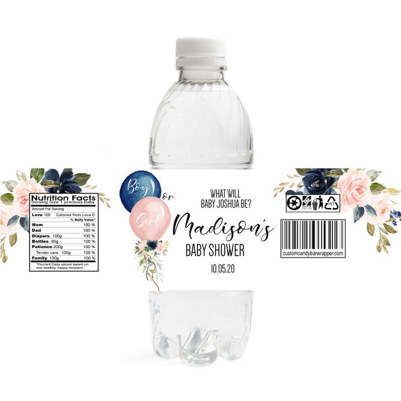 May include: Water bottle label featuring a blue and pink balloon design. The label reads "What will baby Joshua be?" and "Madison's Baby Shower" with the date 10.05.20. The label also includes a nutrition facts table with categories such as love, mum, dad, nappies, bottles, patience, tender care, and family.