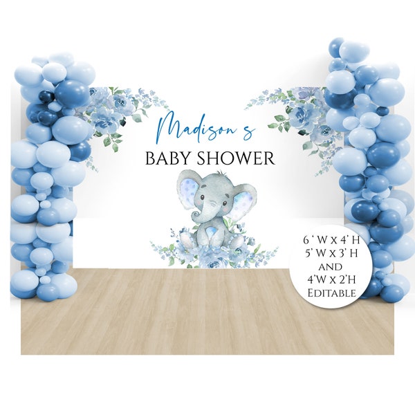 Blue Elephant Baby Shower Backdrop, Elephant Baby Shower Backdrop, Boy Baby Shower Backdrop, Printable Baby Shower Backdrop