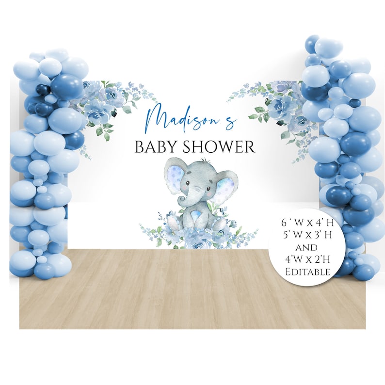 Blue Elephant Baby Shower Backdrop, Printable