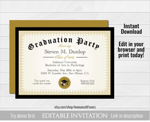 Diploma Graduation Invitation Printable Editable College Etsy