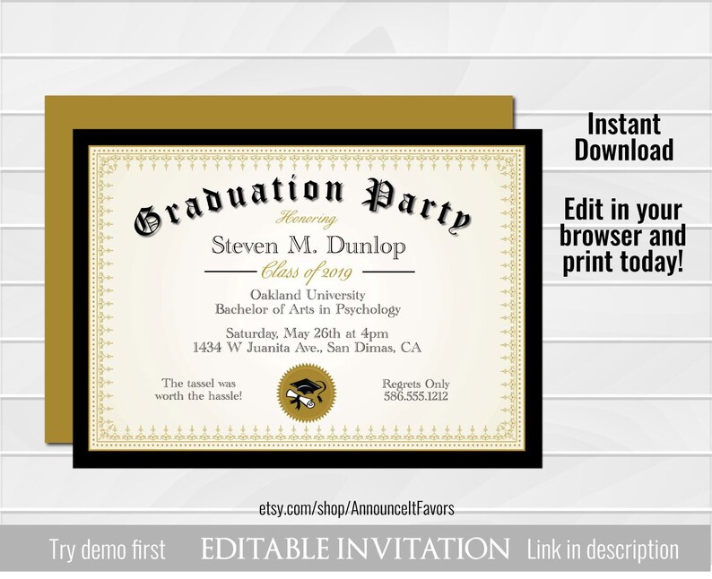 Diploma Graduation Invitation Printable Editable College Etsy