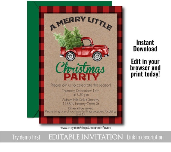 Christmas Invitation, Red Truck Christmas Invitation, Rustic Christmas Invitation, Merry Little Christmas, Printable Invitations Il_570xn