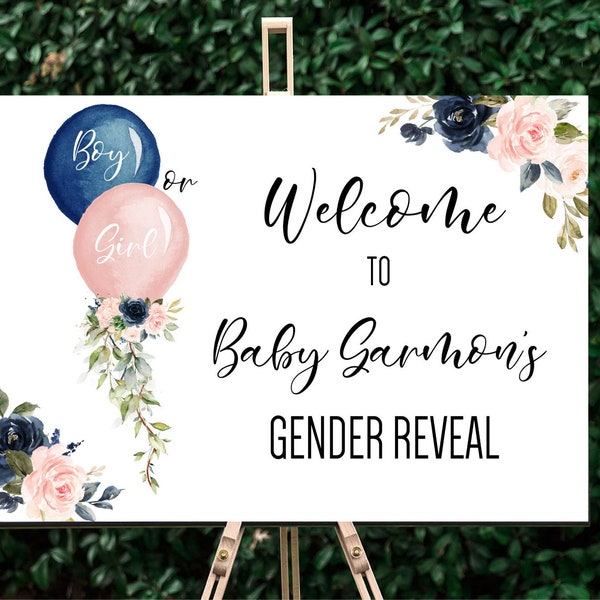 Boy or Girl Gender Reveal Welcome Sign, Gender Reveal, Baby Shower, He or She, Pink and Blue Balloons, Instant Download Printable