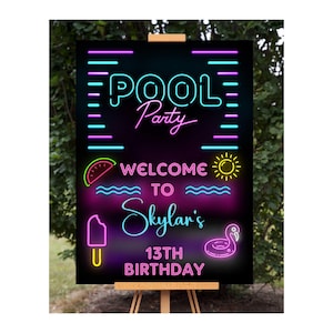 Birthday Pool Party Welcome Sign, Printable Neon Birthday Pool Welcome Sign