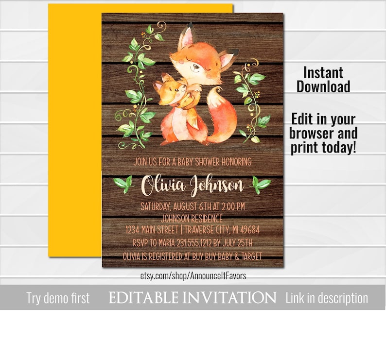 Woodland Fox Little one Shower Invites, Printable Boy or girl Shower Invites image regarding Etsy Baby Shower Invitations Printable named Woodland Fox Child Shower Invites, Printable Youngster Shower Invites