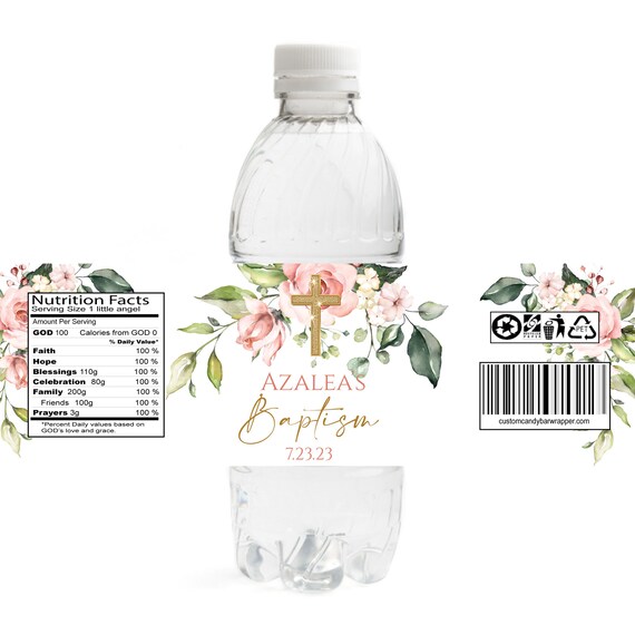 Blush Floral Baptism Water Bottle Labels, Printed Gold Cross Baptism