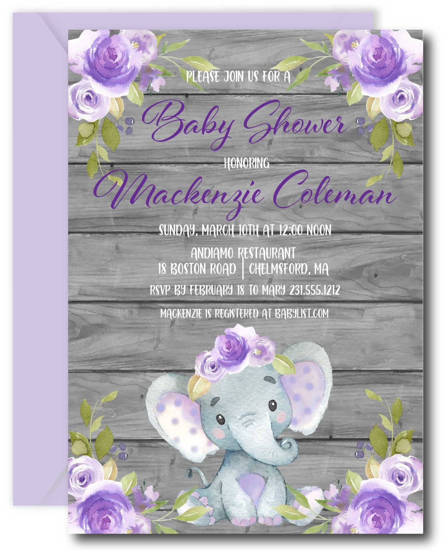 Purple Elephant Baby Shower Invitation Elephant Baby Shower Etsy