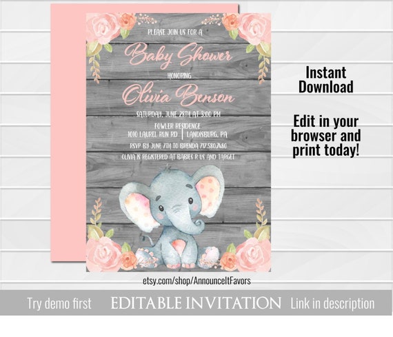 pink baby shower invites girl invitations girls elephant umbrella hearts mum