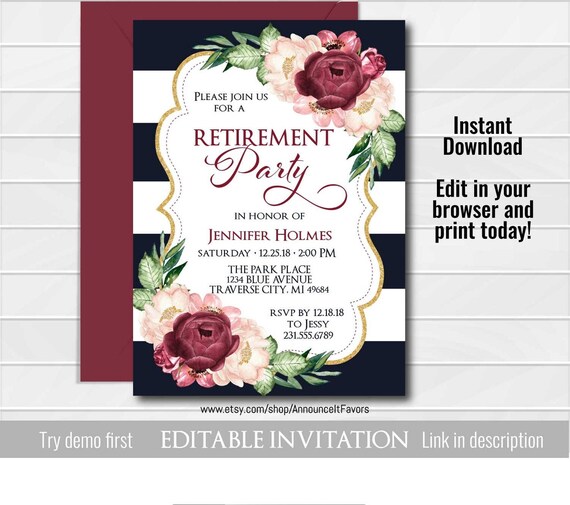 Floral Retirement Party Invitation, Floral Retirement Invitation, Navy Marsala Invitations, Customized Invite Il_570xn