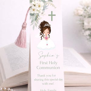 First Communion Bookmark, Brunette Updo Girl