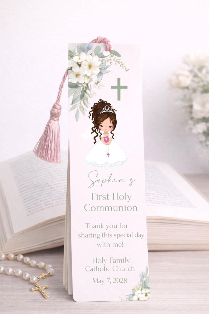 First Communion Bookmark, Brunette Updo Girl