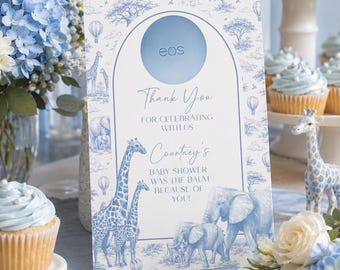 Safari Toile Baby Shower EOS Lip Balm Favor, Blue Safari Baby Shower Favor, Personalized EOS Balm Holder, Jungle Animal Favor