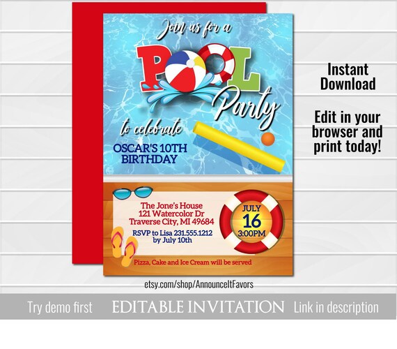 Editable Pool Birthday Invitation, Swimming Pool Party Invite Printable, Instant Download, Corjl Template Il_570xn