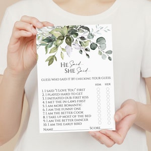 Matching Greenery Bridal Shower He Said She Said Game, sold separately
