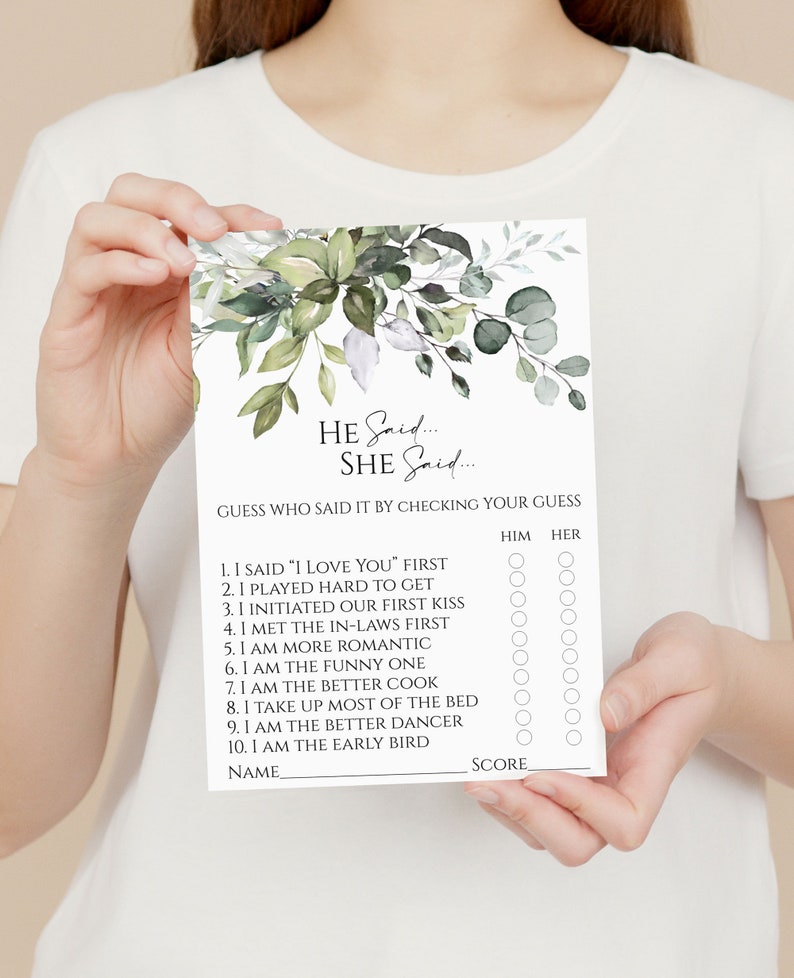 Matching Greenery Bridal Shower He Said She Said Game, sold separately