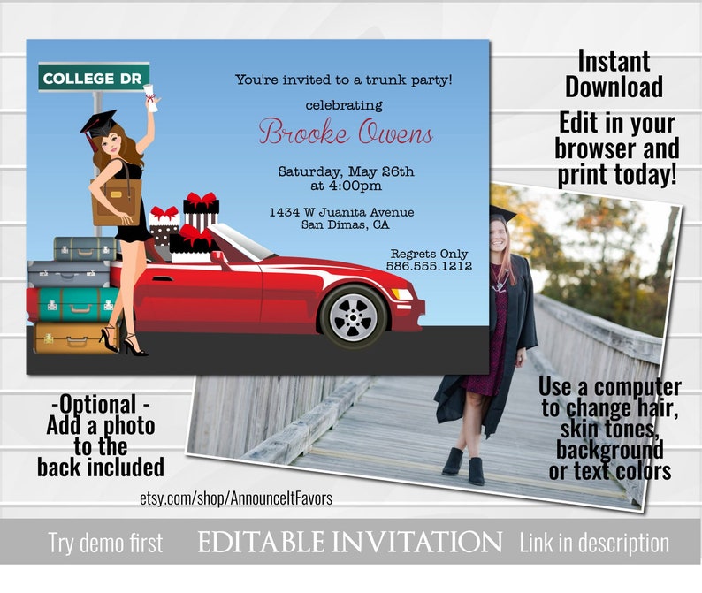 graduation trunk party invitations printable graduation etsy