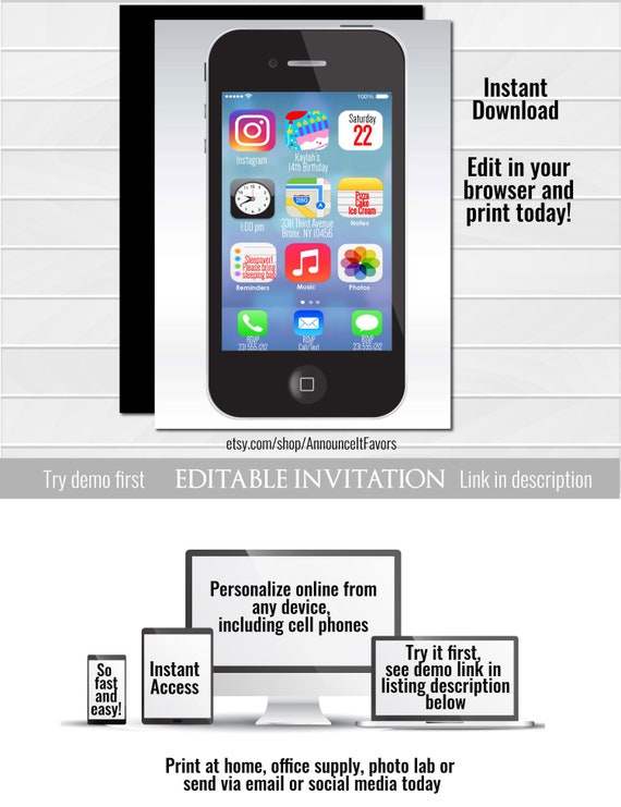 iPhone Birthday Invitation, Kids Birthday Party Invitations, Digital