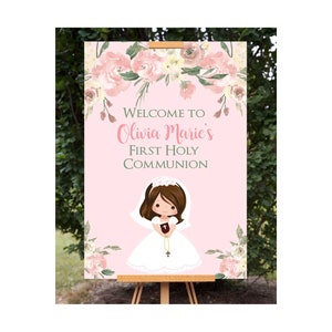 Girl First Communion Welcome Sign, Pink First Communion Sign, Communion Poster,  Printable Welcome Poster, Personalized Sign Decor