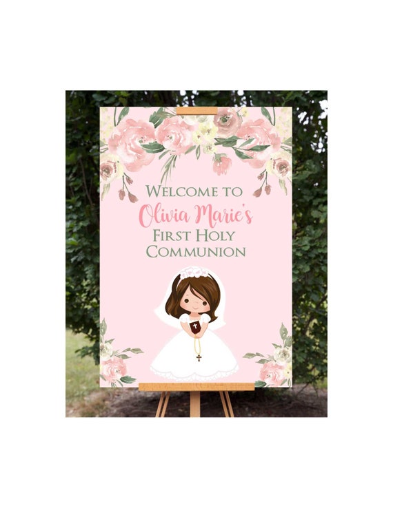 Girl First Communion Welcome Sign, Pink First Communion Sign, Communion Poster, Printable Welcome Poster, Personalized Sign Decor Il_570xn